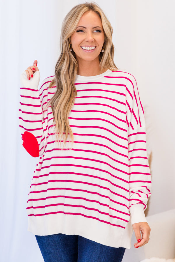Chic Soul plus size clothing, hot pink long sleeve knit top with horizontal pink stripes with hot pink elbow patches with round neckline with white cuff and band along bottom