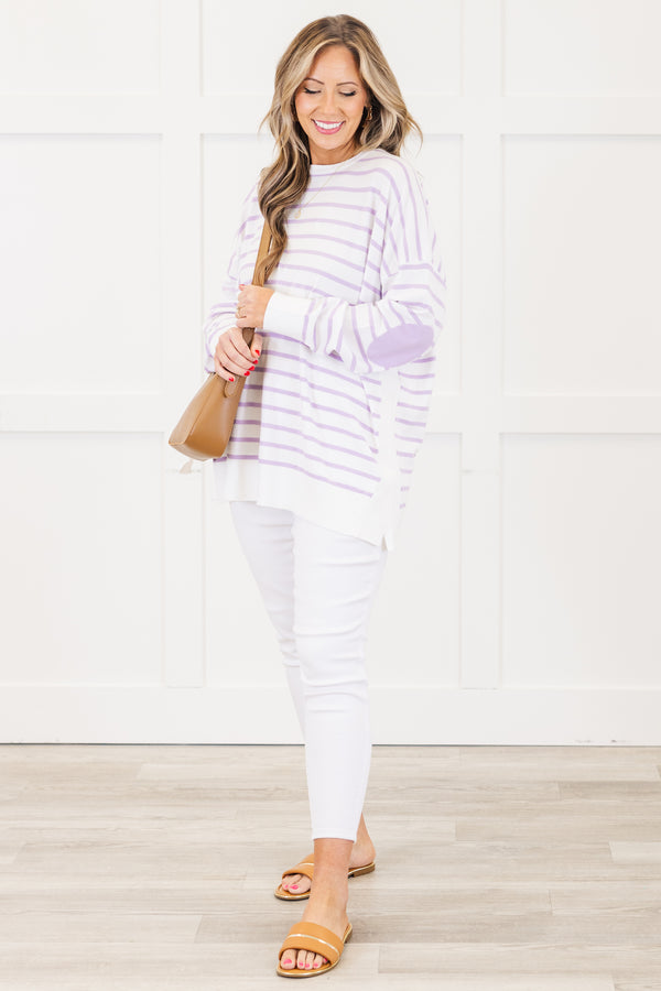 Chic Soul plus size clothing, long-sleeve ivory top with a high-scoop-neckline and lavender striped pattern 