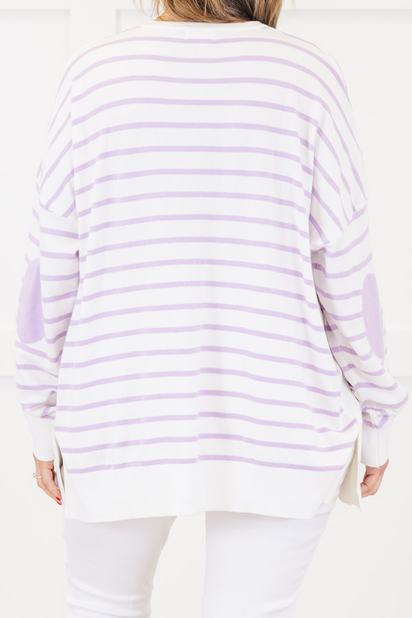 Chic Soul plus size clothing, long-sleeve ivory top with a high-scoop-neckline and lavender striped pattern 