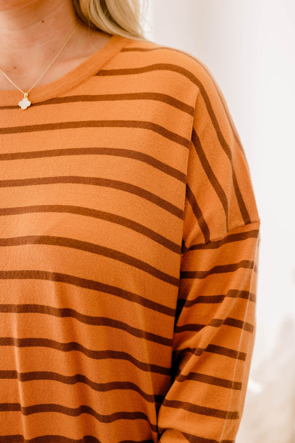 Chic Soul plus size clothing, brown long sleeve tunic with dark brown thin horizontal stripes