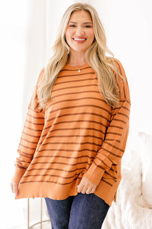 Chic Soul plus size clothing, brown long sleeve tunic with dark brown thin horizontal stripes