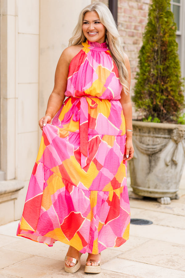 Chic Soul plus size clothing, fuchsia geometric pattern maxi dress with halter neck and tie synched waist