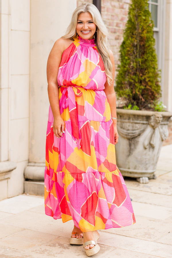 Chic Soul plus size clothing, fuchsia geometric pattern maxi dress with halter neck and tie synched waist