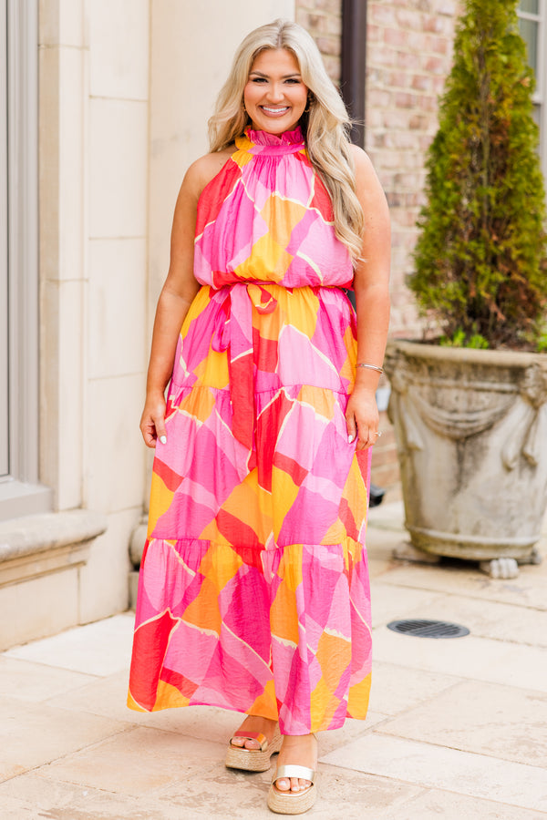 Chic Soul plus size clothing, fuchsia geometric pattern maxi dress with halter neck and tie synched waist