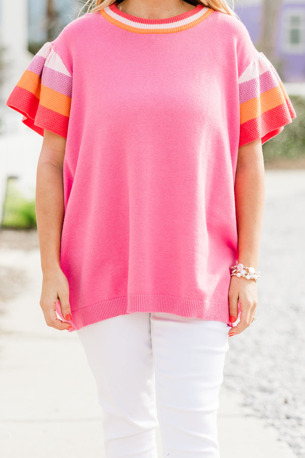 Plus Size pink knit sweater with color block flutter sleeves and a striped crew neckline.