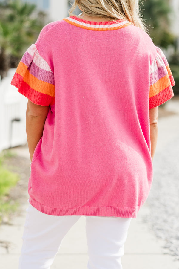 Plus Size pink knit sweater with color block flutter sleeves and a striped crew neckline.
