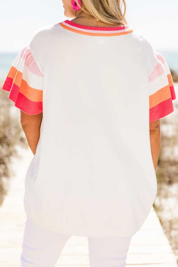 Plus Size white knit sweater with colorful striped flutter sleeves and a matching crew neckline. 