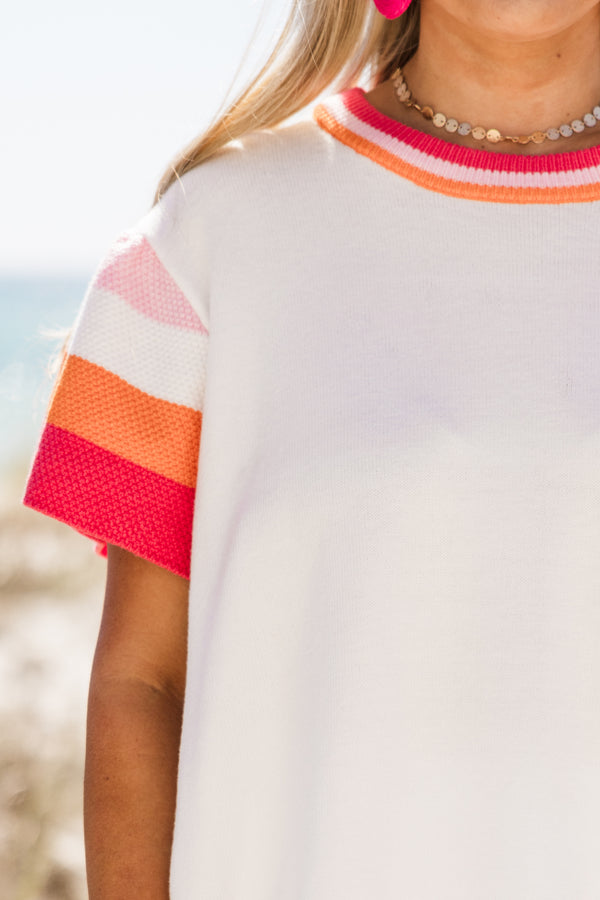 Plus Size white knit sweater with colorful striped flutter sleeves and a matching crew neckline.