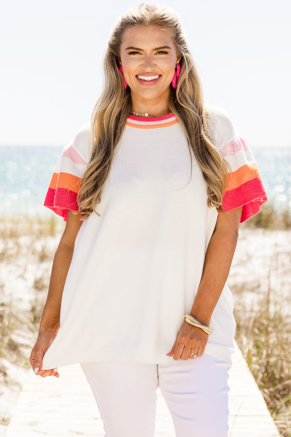 Plus Size white knit sweater with colorful striped flutter sleeves and a matching crew neckline.