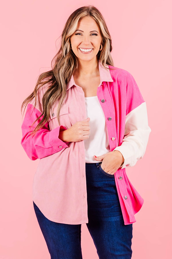 Chic Soul plus size clothing, pink multi colorblock shacket button up with collar