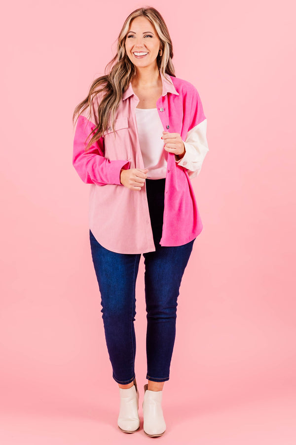 Chic Soul plus size clothing, pink multi colorblock shacket button up with collar