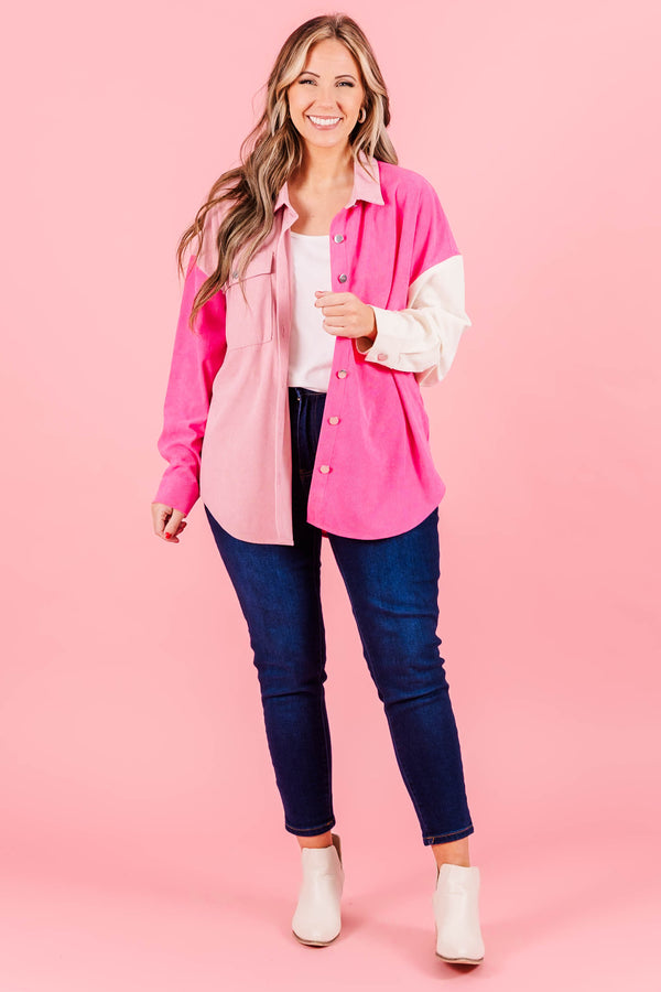 Chic Soul plus size clothing, pink multi colorblock shacket button up with collar