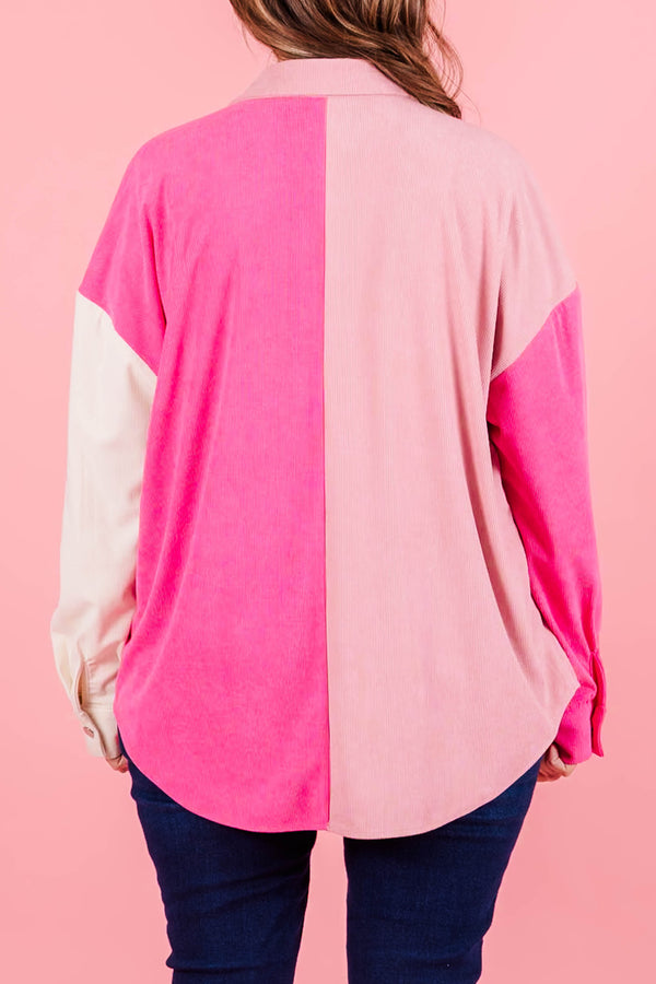 Chic Soul plus size clothing, pink multi colorblock shacket button up with collar