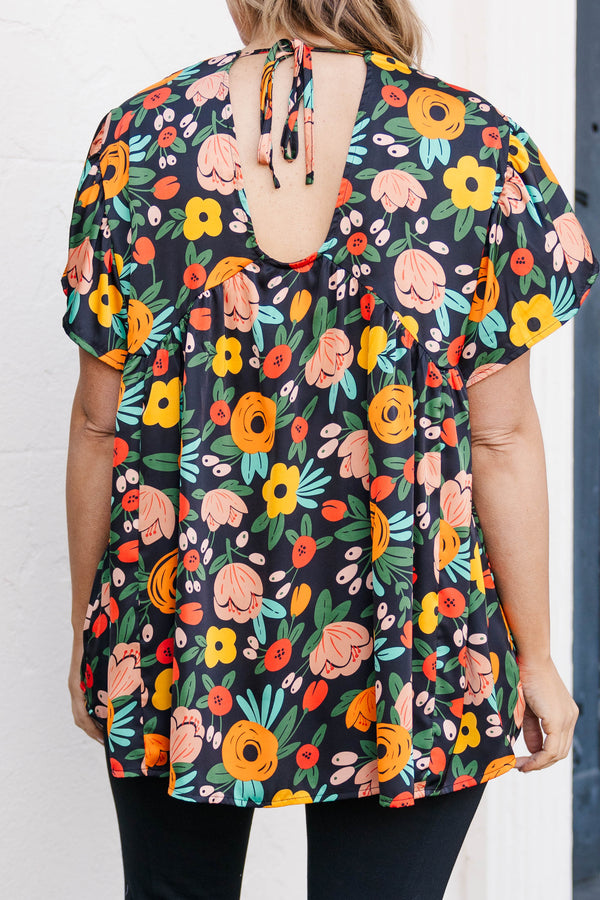Chic Soul plus size clothing, black multicolored floral pattern top with a v neckline