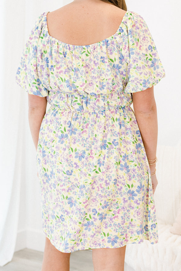 Chic Soul plus size clothing, blue short sleeve mini dress with small blue/purple floral print with square neckline with puff sleeves and cinched waist