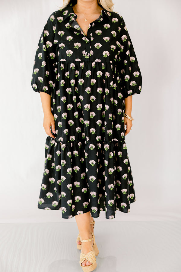Chic Soul plus size clothing, black tiered maxi dress with half sleeves buttons going down to the chest and a pink white and green floral block print throughout