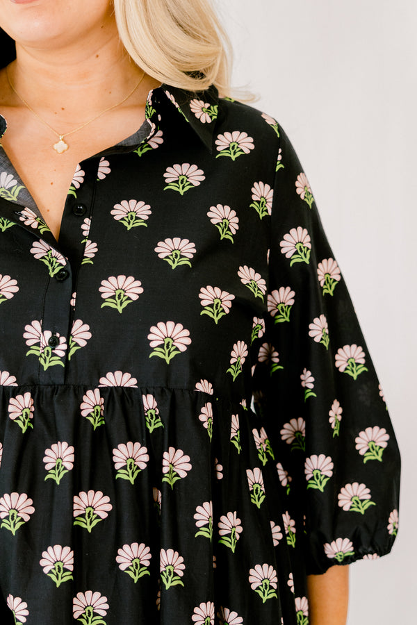 Chic Soul plus size clothing, black tiered maxi dress with half sleeves buttons going down to the chest and a pink white and green floral block print throughout