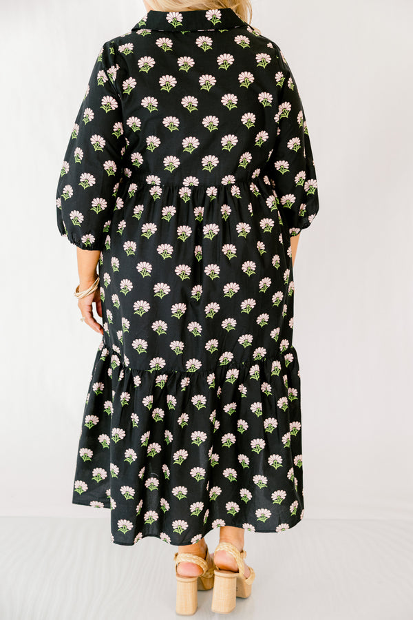 Chic Soul plus size clothing, black tiered maxi dress with half sleeves buttons going down to the chest and a pink white and green floral block print throughout