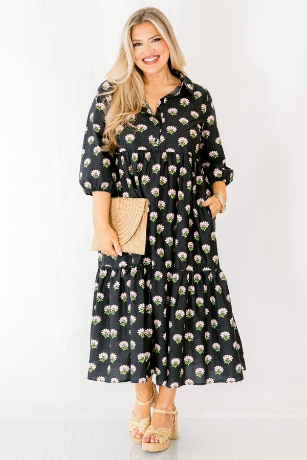 Chic Soul plus size clothing, black tiered maxi dress with half sleeves buttons going down to the chest and a pink white and green floral block print throughout