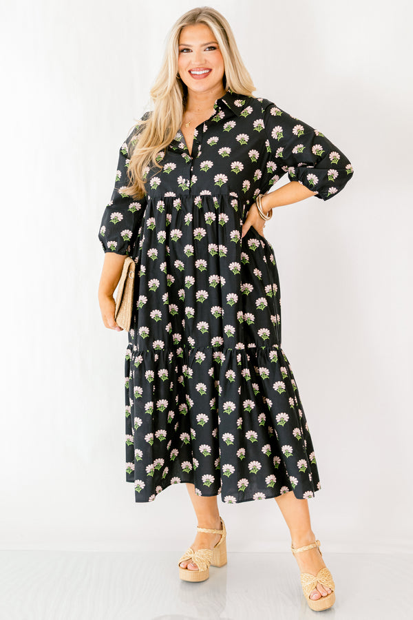 Chic Soul plus size clothing, black tiered maxi dress with half sleeves buttons going down to the chest and a pink white and green floral block print throughout