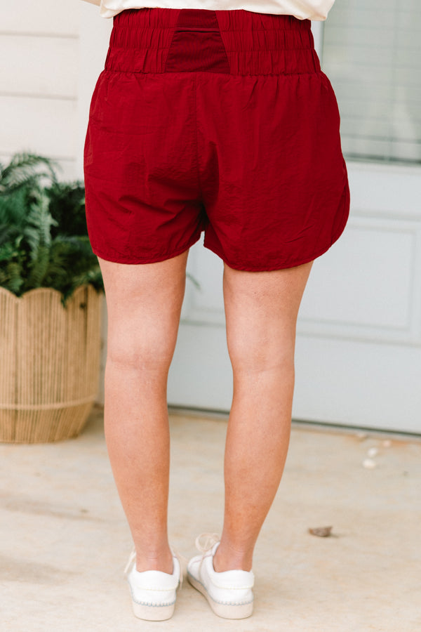 Chic Soul plus size clothing, copper red athletic shorts with an elastic waistband and curved hem with a smocked high-waistline
