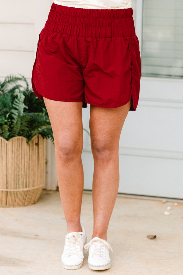 Chic Soul plus size clothing, copper red athletic shorts with an elastic waistband and curved hem with a smocked high-waistline
