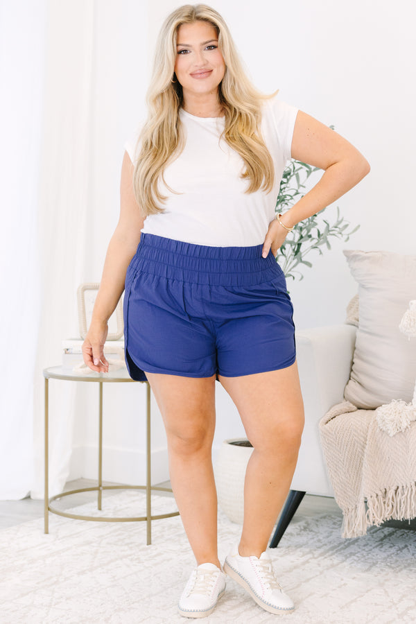 Chic soul plus size clothing, solid navy active shorts with a high waist band 