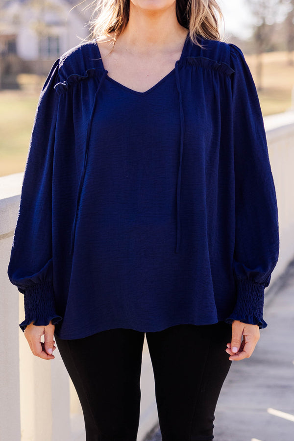 Chic Soul plus size clothing, navy flowy top with ruffle details and bubble sleeves