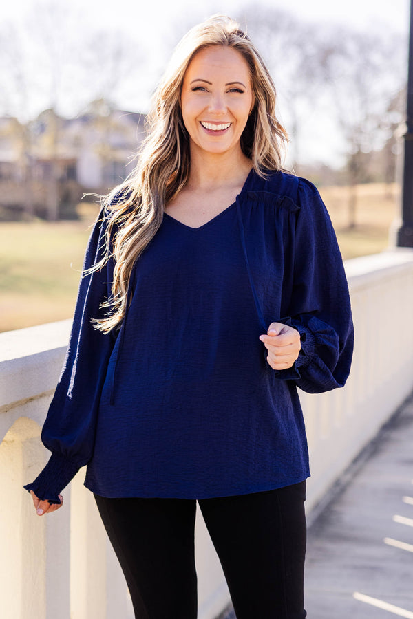 Chic Soul plus size clothing, navy flowy top with ruffle details and bubble sleeves