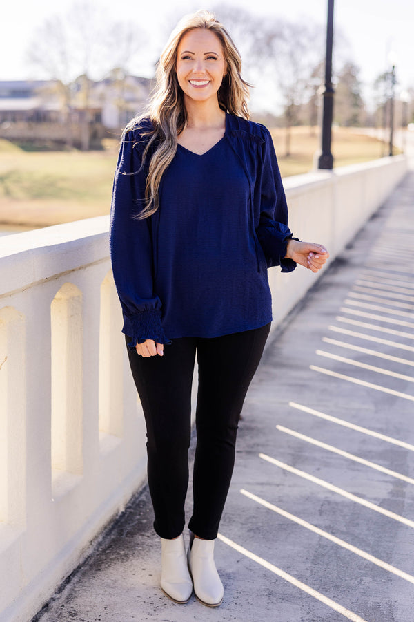 Chic Soul plus size clothing, navy flowy top with ruffle details and bubble sleeves