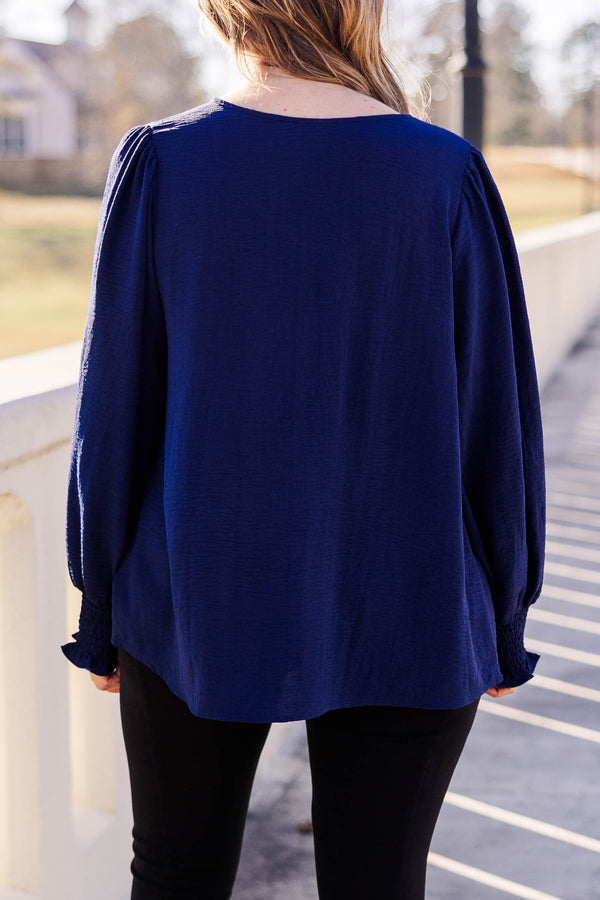 Chic Soul plus size clothing, navy flowy top with ruffle details and bubble sleeves