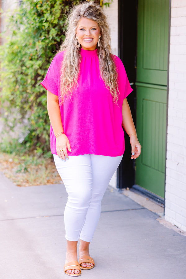 Chic Soul plus size clothing, short sleeve hot pink top with high-neckline 