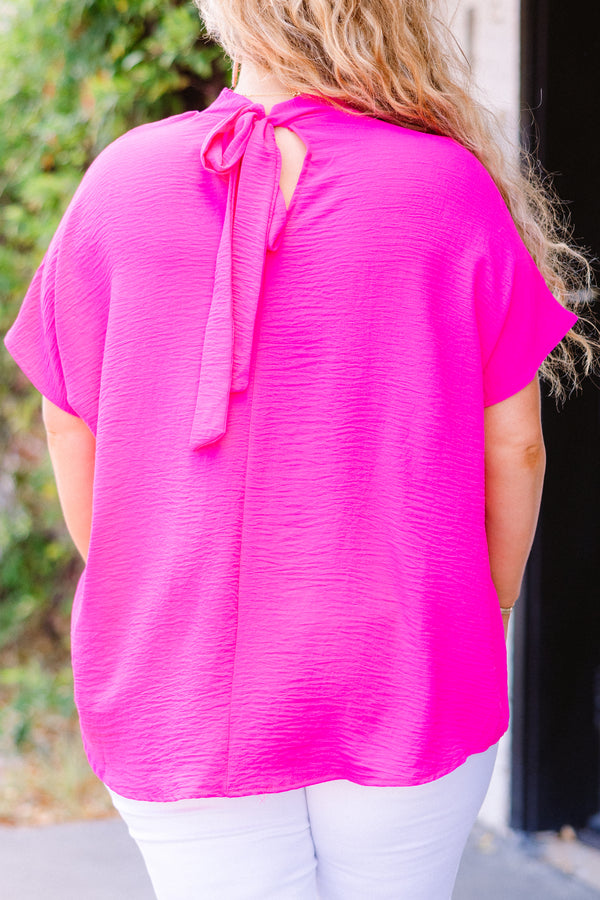 Chic Soul plus size clothing, short sleeve hot pink top with high-neckline 