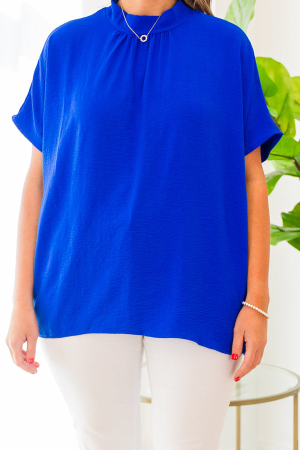 Chic Soul plus size clothing, royal blue short sleeve top with mock neck detail with tie bow on the back of the neck