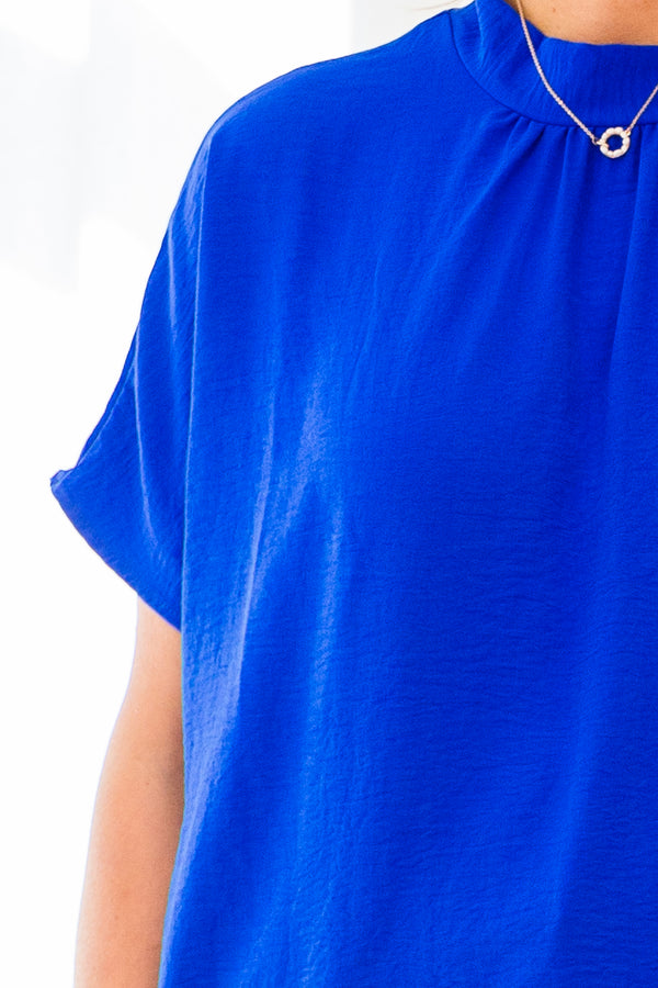 Chic Soul plus size clothing, royal blue short sleeve top with mock neck detail with tie bow on the back of the neck