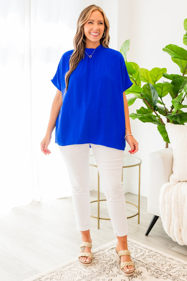 Chic Soul plus size clothing, royal blue short sleeve top with mock neck detail with tie bow on the back of the neck