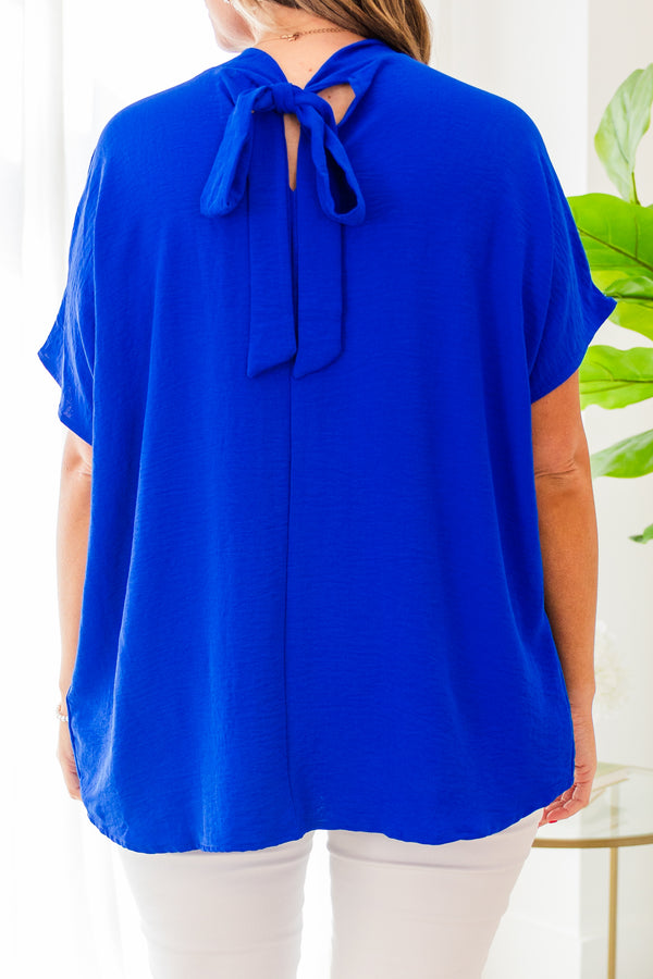 Chic Soul plus size clothing, royal blue short sleeve top with mock neck detail with tie bow on the back of the neck