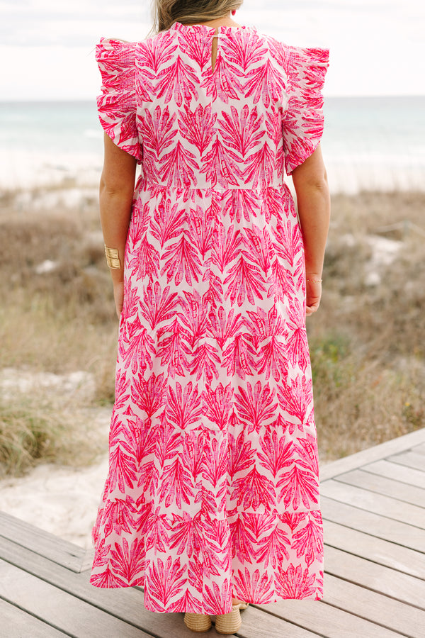 Chic Soul plus size clothing, fuchsia maxi dress with a high neck and flutter sleeves as well as a palm leaf pattern throughout 