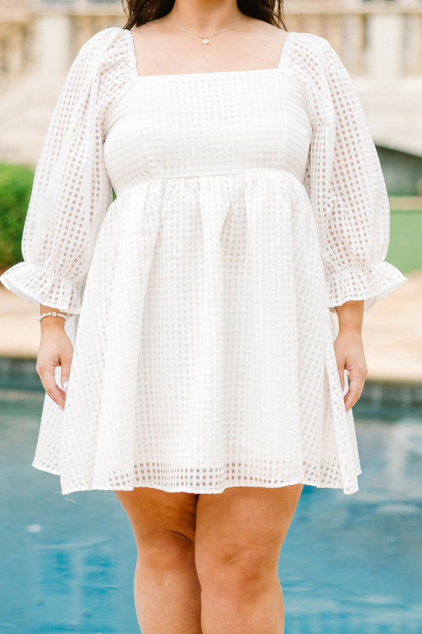 Chic Soul plus size clothing, off white square neck long bubble sleeve babydoll dress with plaid pattern