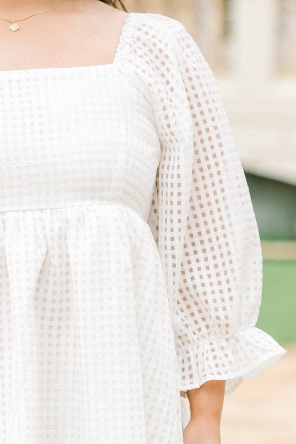 Chic Soul plus size clothing, off white square neck long bubble sleeve babydoll dress with plaid pattern