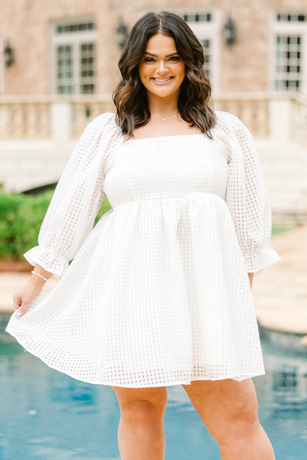 Chic Soul plus size clothing, off white square neck long bubble sleeve babydoll dress with plaid pattern