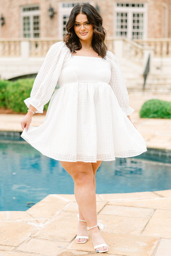 Chic Soul plus size clothing, off white square neck long bubble sleeve babydoll dress with plaid pattern