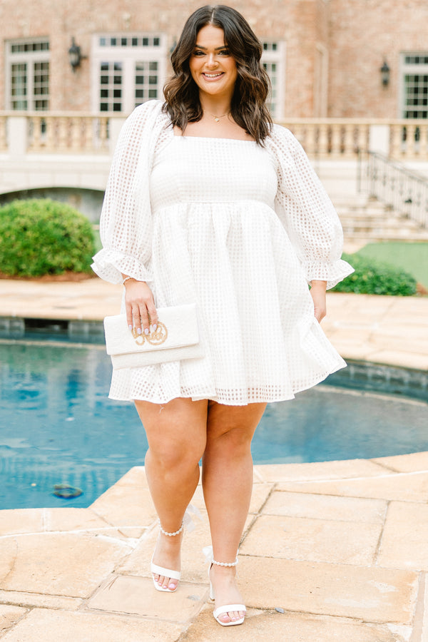 Chic Soul plus size clothing, off white square neck long bubble sleeve babydoll dress with plaid pattern