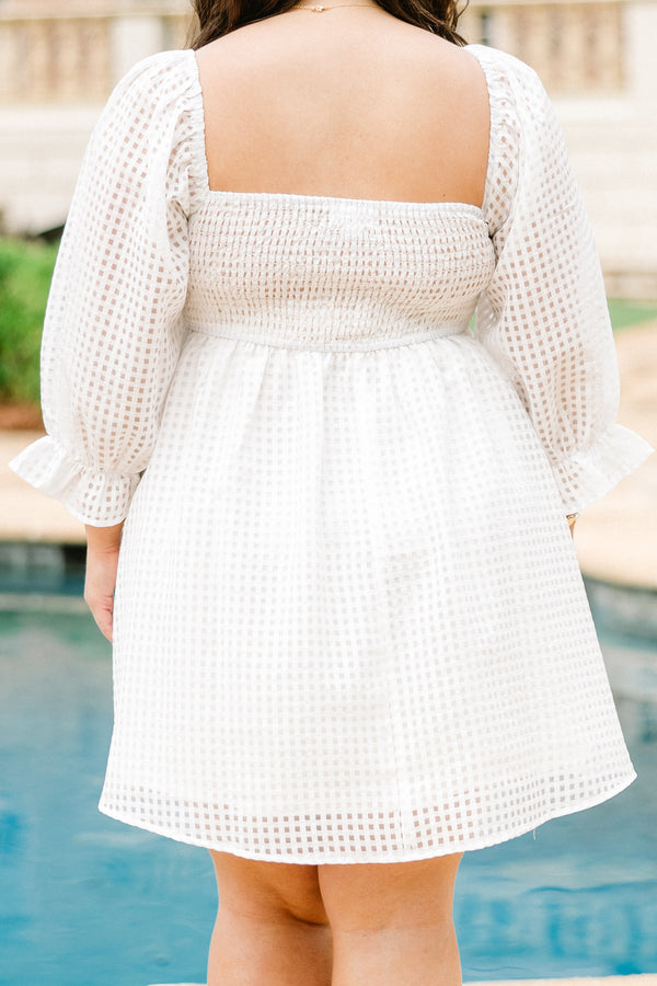 Chic Soul plus size clothing, off white square neck long bubble sleeve babydoll dress with plaid pattern
