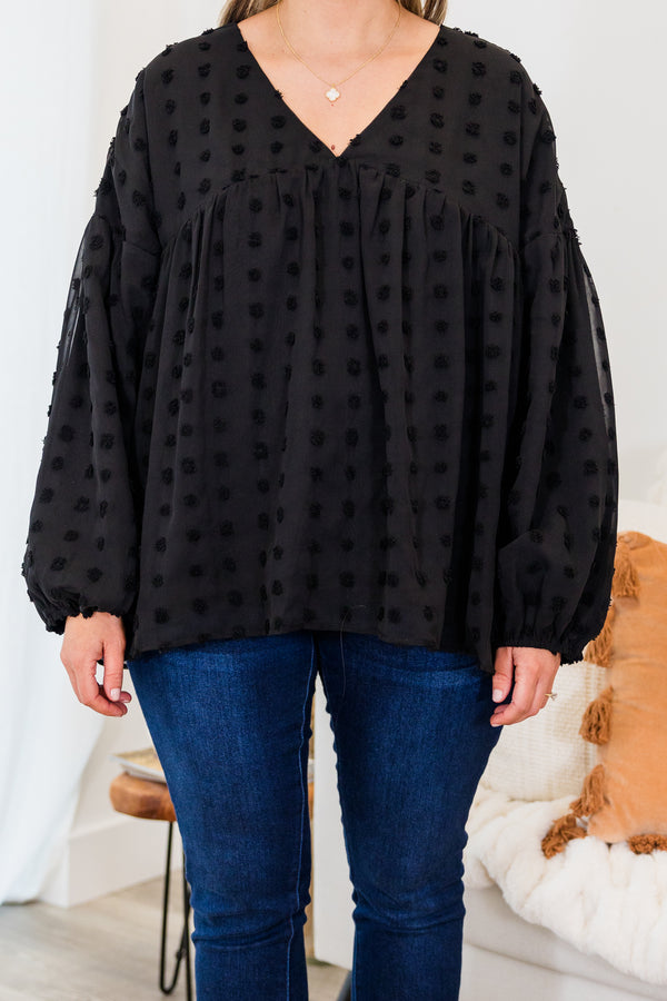 Chic Soul plus size clothing, long sleeve black top with textured dotted print with bubble sleeves with v neckline