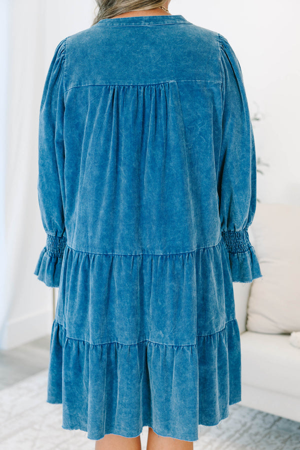 Plus Size blue corduroy tiered dress with a V-neckline and ruffled elbow-length sleeves.