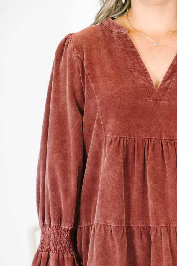 Plus Size rustic red corduroy tiered dress with a V-neckline and frayed hem short sleeves.