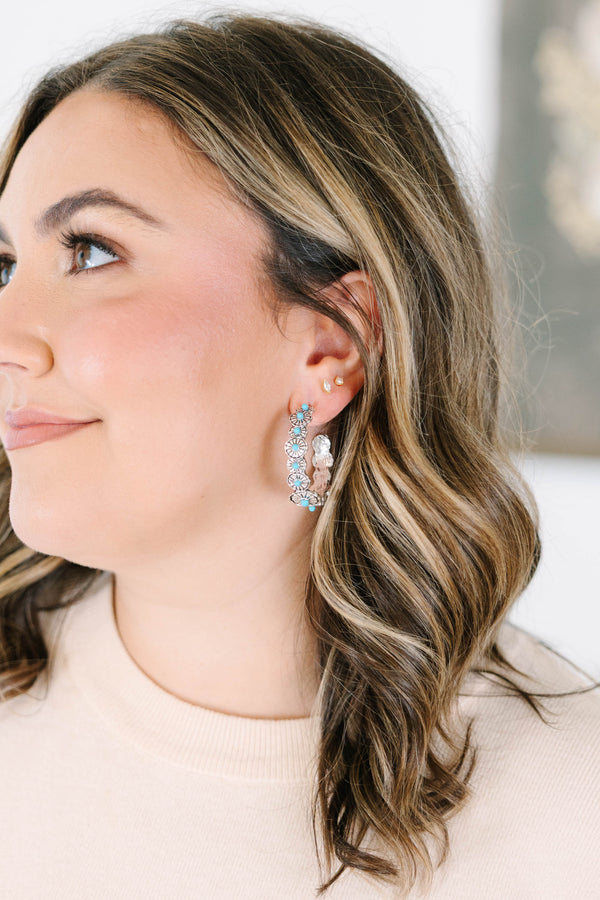 Silver Rustic Revival floral hoop earrings with turquoise beads 