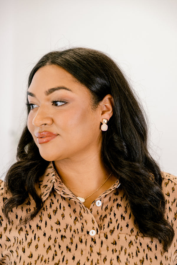 Chic Soul plus size clothing, gold studded earrings with square pendant and ivory square pendent detail on the bottom