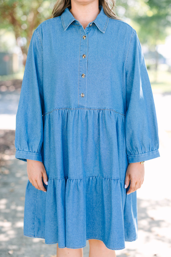Chic Soul plus size clothing, denim long puff sleeve short tiered dress with buttons down the chest and a collar